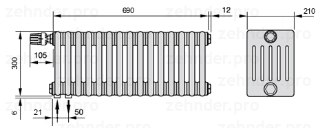 Схема (чертеж) Радиатор Zehnder Charleston 6030/15 №V001 Белый глянцевый RAL 9016
